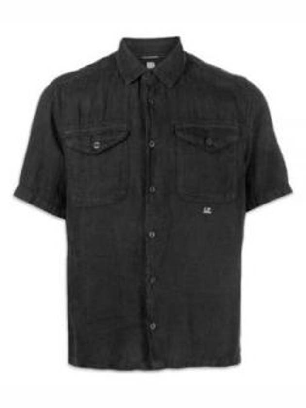 Small Logo Button Linen Short Sleeve Shirt Black - CP COMPANY - BALAAN 2