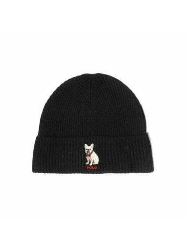 Embroidered French Bulldog Wool Beanie Black - POLO RALPH LAUREN - BALAAN 1