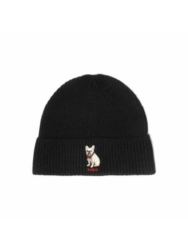 Embroidered French Bulldog Wool Beanie Black - POLO RALPH LAUREN - BALAAN 1