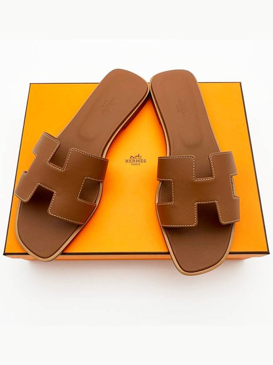 Oran Calfskin Slippers Gold Piqures Ecrues - HERMES - BALAAN 2