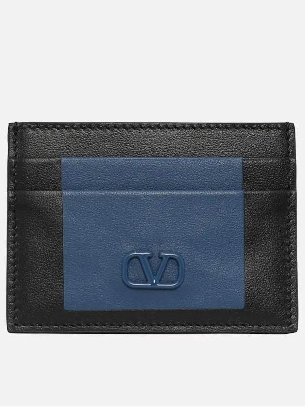 V Logo Leather Card Wallet Navy - VALENTINO - BALAAN 4