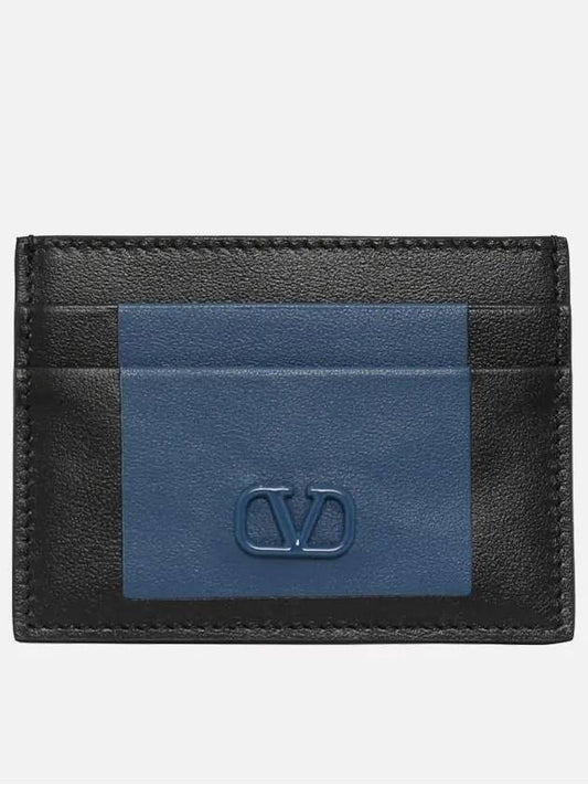 V Logo Leather Card Wallet Navy - VALENTINO - BALAAN 2