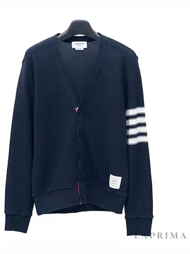 4 Bar Open Raschel Stitch V Neck Cardigan Navy - THOM BROWNE - BALAAN 5