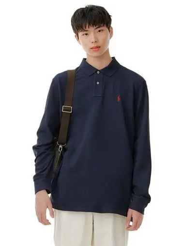 Custom Slim Fit Long Sleeve Mesh Polo Blue - POLO RALPH LAUREN - BALAAN 1