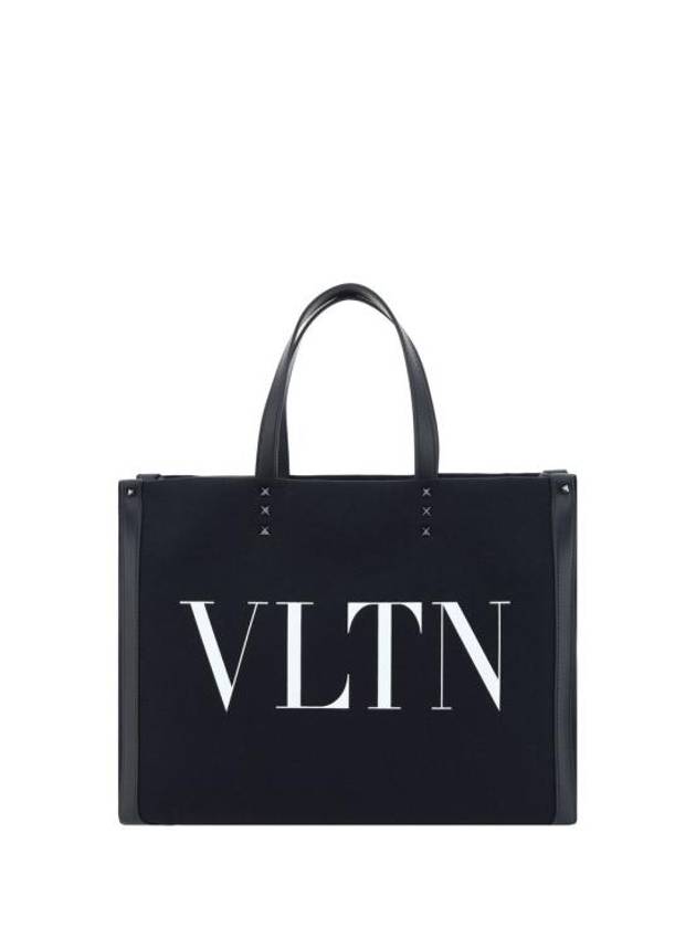 VLTN Rockstud Medium Canvas Tote Bag Black - VALENTINO - BALAAN 1