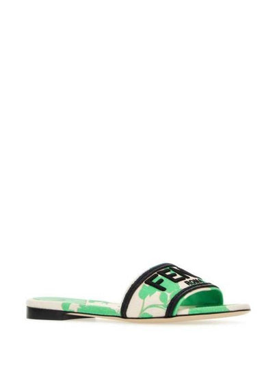 Rose Print Embroidered Logo Canvas Slide Slippers Green - FENDI - BALAAN 2