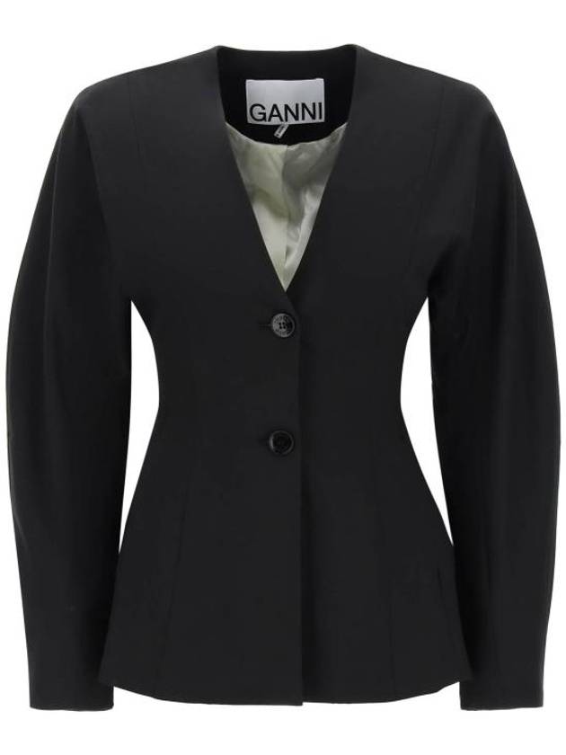 Drapey Melange Single Breasted Blazer Jacket Black - GANNI - BALAAN 2