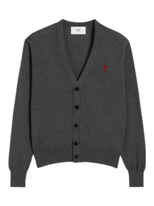 Red Heart Logo Merino Wool Cardigan Heather Grey - AMI - BALAAN 2