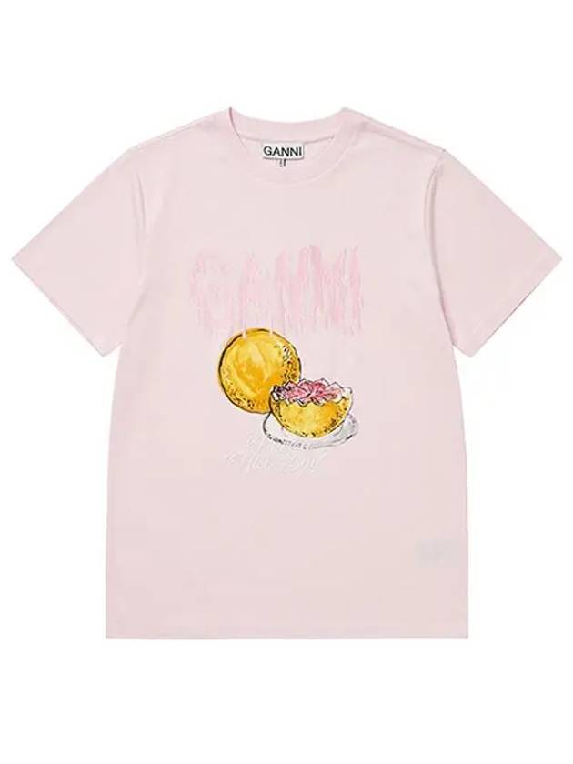 Logo Applique Graphic Print Short Sleeve T Shirt Pink - GANNI - BALAAN 4