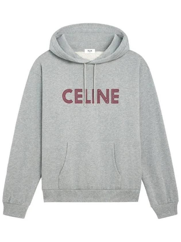 Burgundy Logo Print Cotton Fleece Hoodie Grey Melange - CELINE - BALAAN 1