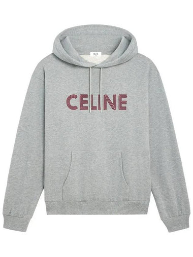 Burgundy Logo Print Cotton Fleece Hoodie Grey Melange - CELINE - BALAAN 1