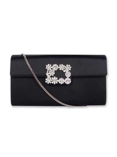 Flower Strass Buckle Clutch In Satin Black - ROGER VIVIER - BALAAN 1