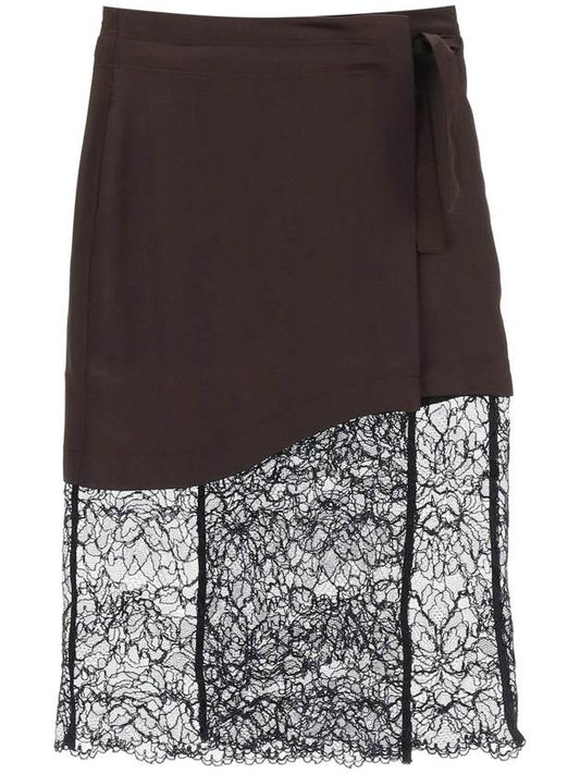 Women's Satin Lace Midi H-Line Skirt Black Brown - GANNI - BALAAN 1