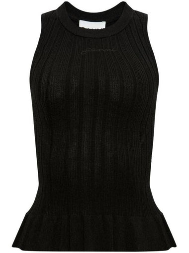 Embroidered Logo Ribbed Tank Slessveless Black - GANNI - BALAAN 1