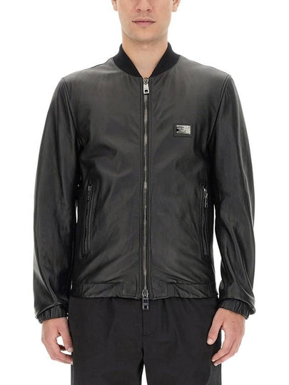 Men's Brand Tag Leather Jacket Black - DOLCE&GABBANA - BALAAN 2