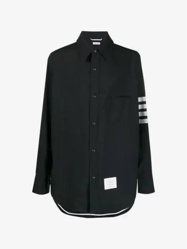 4 Bar Stripe Plain Weaving Wool Long Sleeve Shirt Navy - THOM BROWNE - BALAAN 2