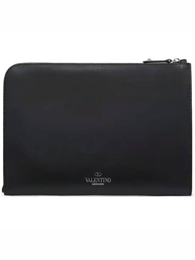 Logo Print Leather Clutch Bag Black - VALENTINO - BALAAN 3