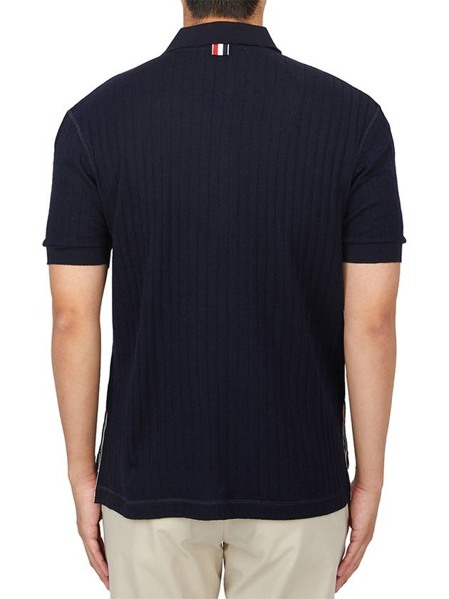 RWB Button Ribbed Polo Wool Knit Top Navy - THOM BROWNE - BALAAN 4