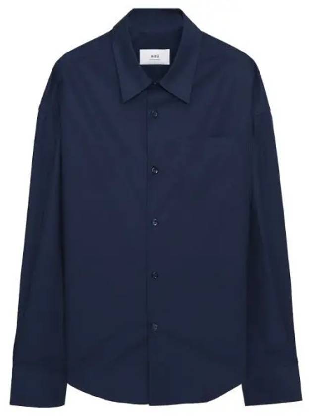 Chest Pocket Boxy Fit Poplin Long Sleeve Shirt Navy - AMI - BALAAN 1