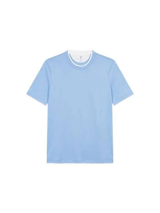 Men s Layered Hem Slim T Shirt Blue 270836 - BRUNELLO CUCINELLI - BALAAN 1