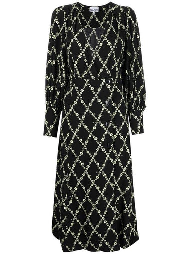 Women's Floral Print Crepe Long Dress Black - GANNI - BALAAN 1