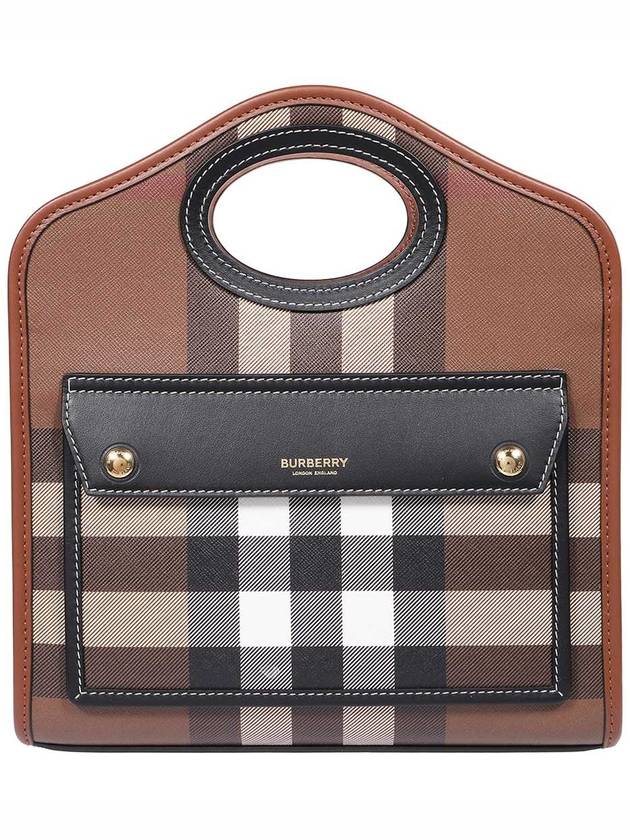 Mini Pocket Checked Leather Tote Bag Dark Burch Brown - BURBERRY - BALAAN 3