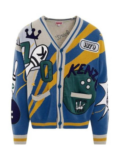 Bowling Elephant V-Neck Cardigan Blue - KENZO - BALAAN 2