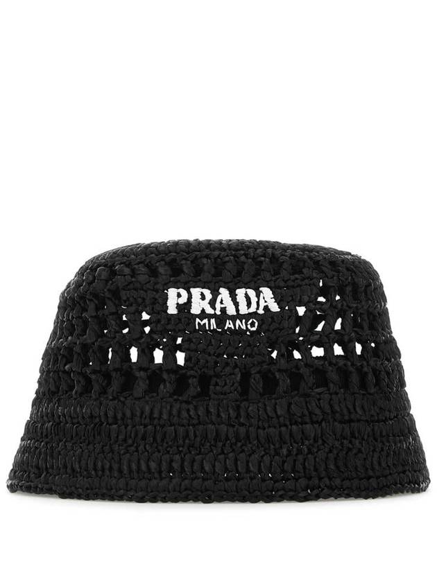 Embroidered Logo Raffia Bucket Hat Black - PRADA - BALAAN 3