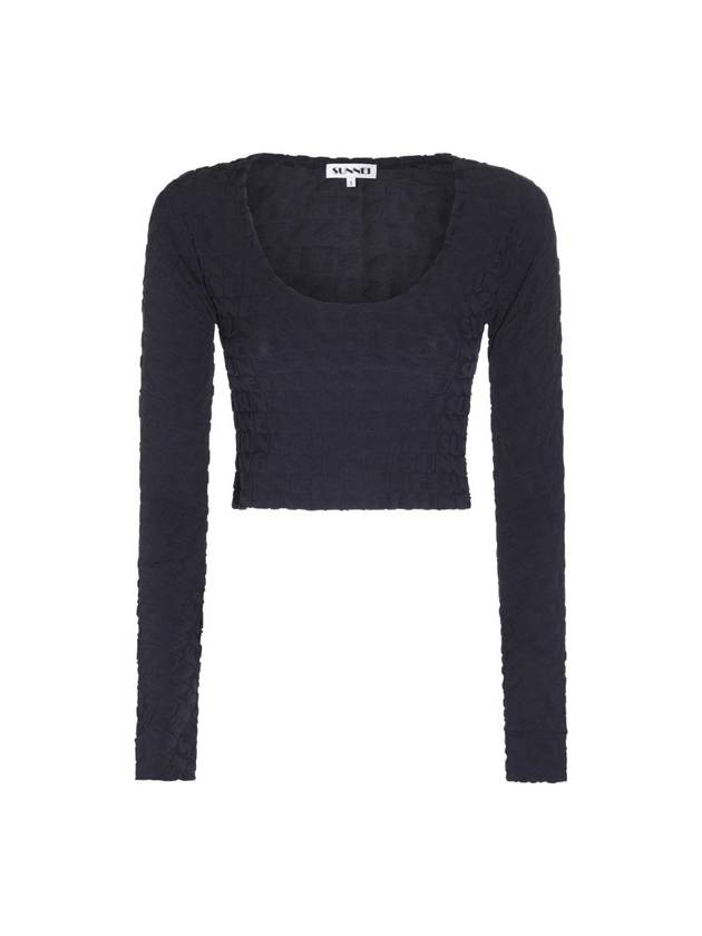 Women's Jacquard Crop Long Sleeve T-Shirt Navy - SUNNEI - BALAAN 1