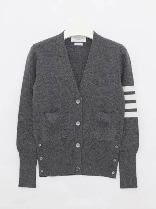 Milano Stitch 4 Bar Classic V Neck Fine Merino Wool Cardigan Medium Grey - THOM BROWNE - BALAAN 2