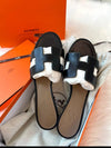 Oasis Calfskin Slipper Heels Noir Piqures Ecrues - HERMES - BALAAN 3