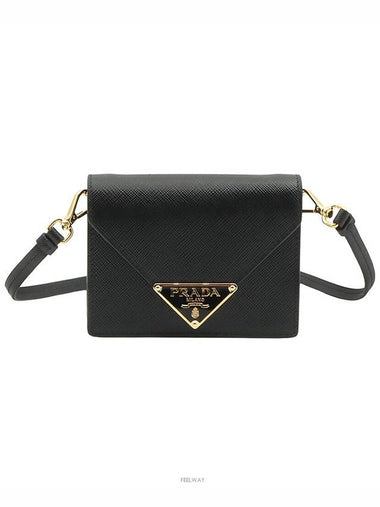 Black Saffiano Leather Gold Triangle Logo Card Wallet Cross Bag Built in Chip - PRADA - BALAAN 1