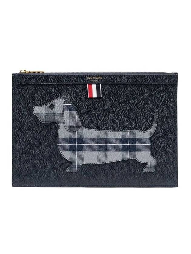 Tartan Hector Small Leather Clutch Bag Navy - THOM BROWNE - BALAAN 1