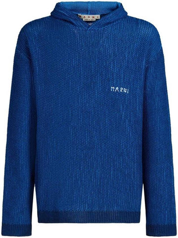 Distressed Logo Knit Cotton Hoodie Blue - MARNI - BALAAN 1