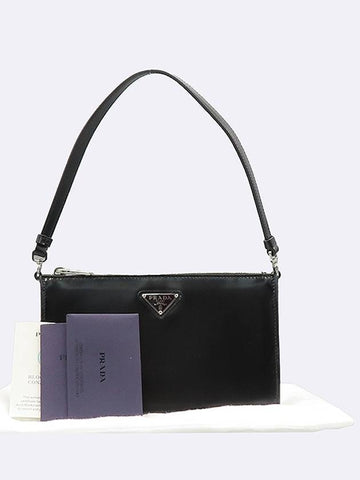 Prada 1BC155 Black Brushed Leather Silver Triangular Logo Mini Shoulder Bag - PRADA - BALAAN 1