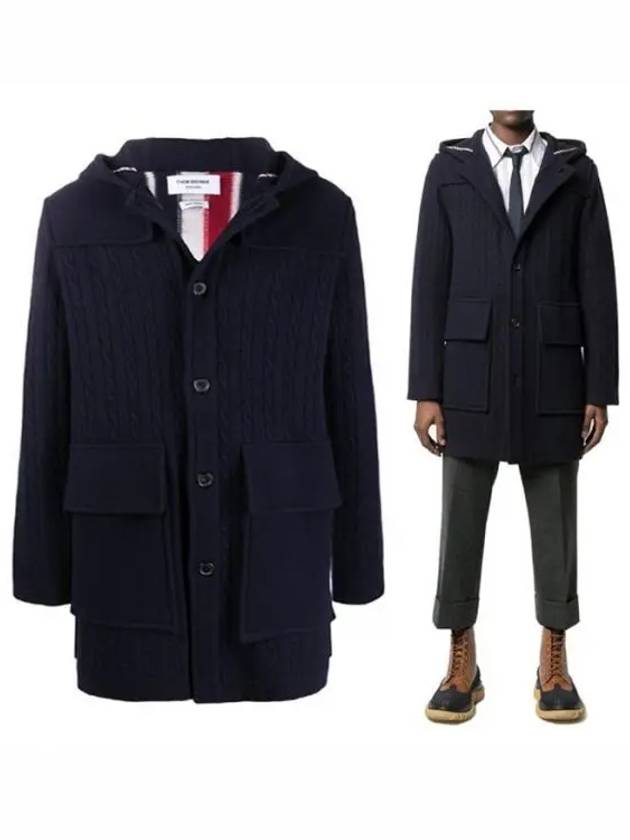 Men's Intarsia Center Back Striped Wool Duffel Coat Navy - THOM BROWNE - BALAAN 2