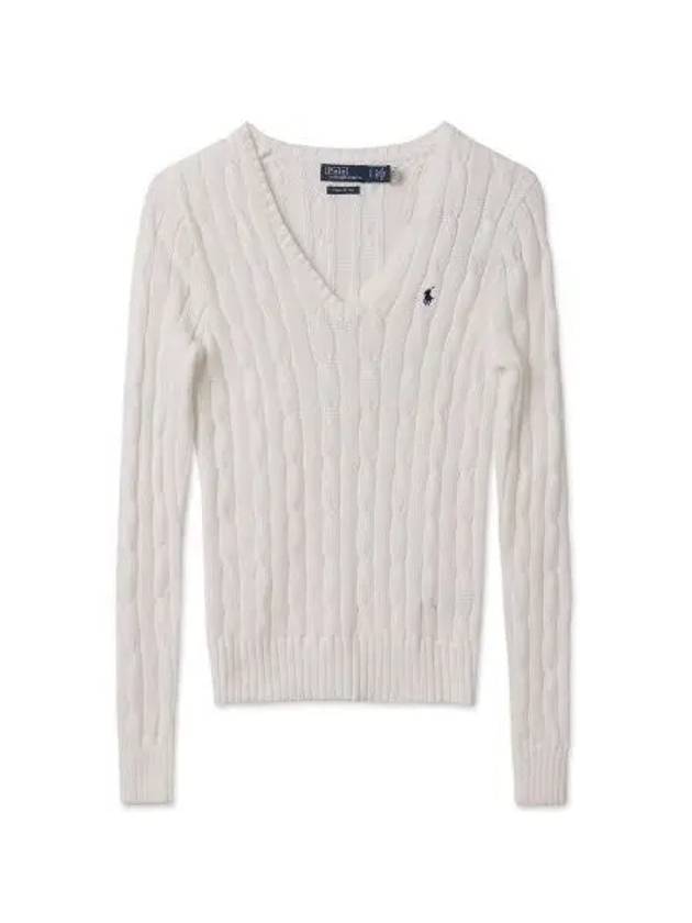 W cable knit cotton V neck sweater white - POLO RALPH LAUREN - BALAAN 1