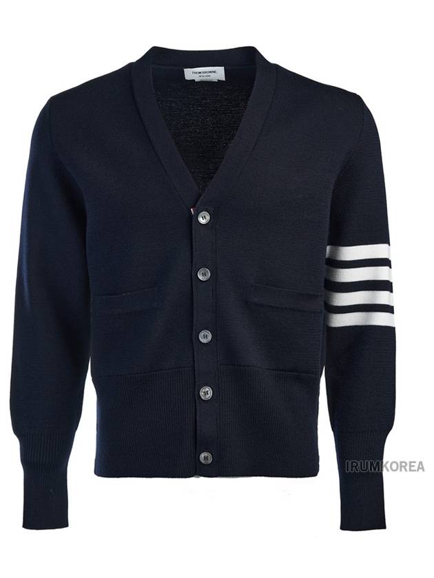 4-Bar V Neck Wool Cardigan Navy - THOM BROWNE - BALAAN 2