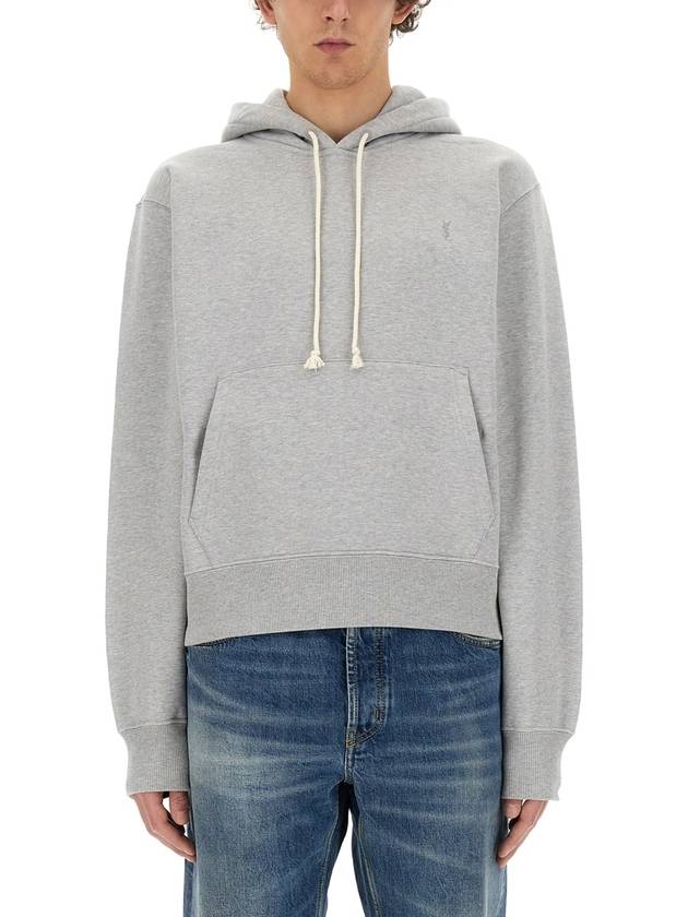 Cassandre Embroidered Monogram Cotton Hoodie Grey - SAINT LAURENT - BALAAN 2