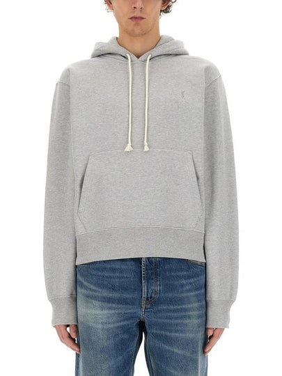 Cassandre Embroidered Monogram Cotton Hoodie Grey - SAINT LAURENT - BALAAN 2