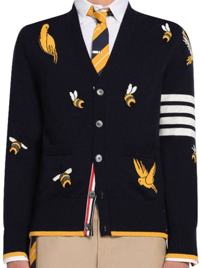 Men's Merino Bird Bee 4 Bar V-Neck Merino Cotton Cardigan Navy - THOM BROWNE - BALAAN 2