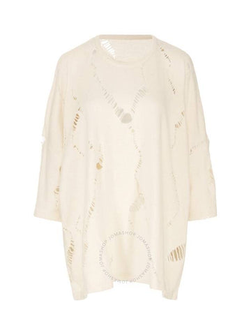 Ys Ladies Ivory Oversized Wool Blend T-Shirt With Distressed Effect, Brand Size 2 - YOHJI YAMAMOTO - BALAAN 1