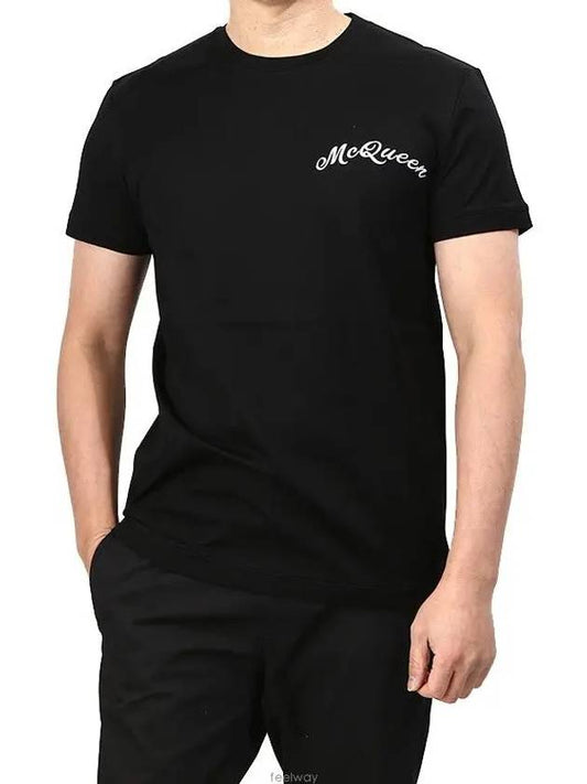 Men's Embroidered Logo Round Neck Short Sleeve T-Shirt Black - ALEXANDER MCQUEEN - BALAAN.