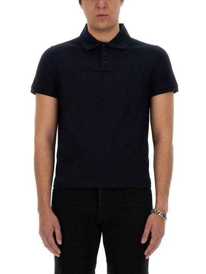 Men's Monogram Cotton Short Sleeve Polo Shirt Navy - SAINT LAURENT - BALAAN 2