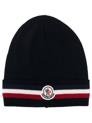 Logo Patch Three Stripes Wool Beanie Black - MONCLER - BALAAN 1