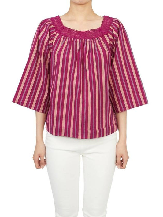 Women's Lace Collar Striped Cotton Blouse Pink - VANESSA BRUNO - BALAAN 2