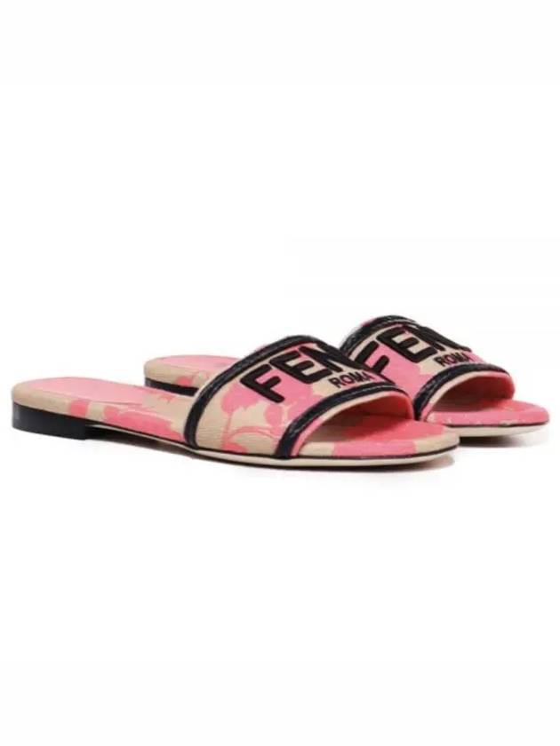 Rose Print Embroidered Logo Canvas Slide Slippers Pink - FENDI - BALAAN 2