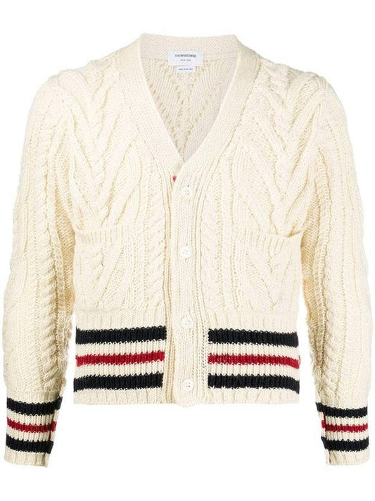 Men's White Aran Cable Classic Mohair Cardigan - THOM BROWNE - BALAAN.