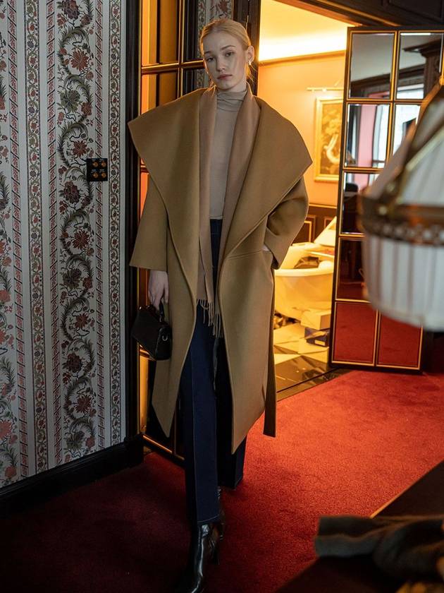 Cashmere Heavy Wool Over Collar Long Oversized Coat Camel - DEFEMME - BALAAN 2