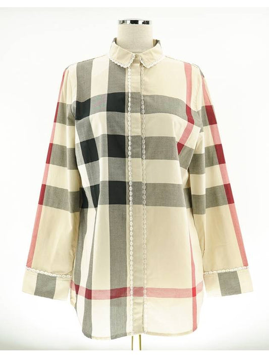 Women's Lace Check Cotton Long Sleeve Shirt Beige - BURBERRY - BALAAN.